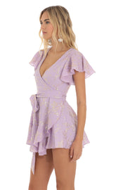 Shimmer Floral Wrap Dress in Purple